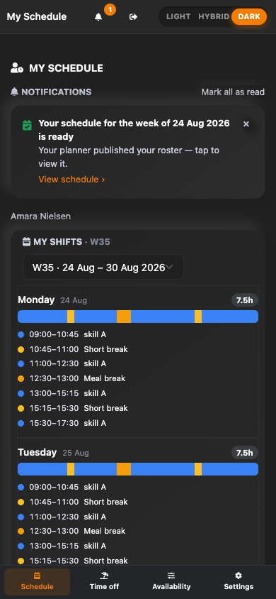 Het persoonlijke rooster van een medewerker op de telefoon